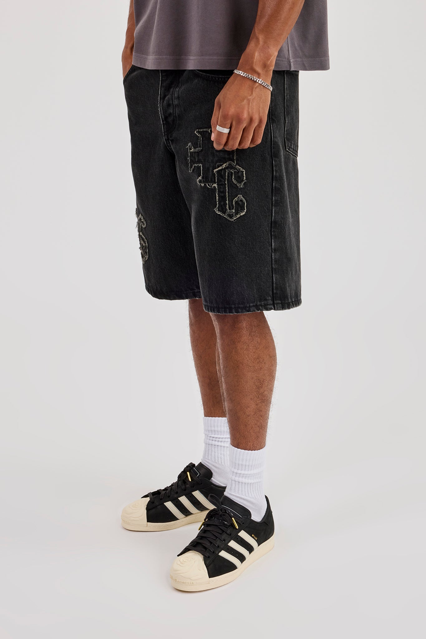 Denim Applique Jort - Washed Black